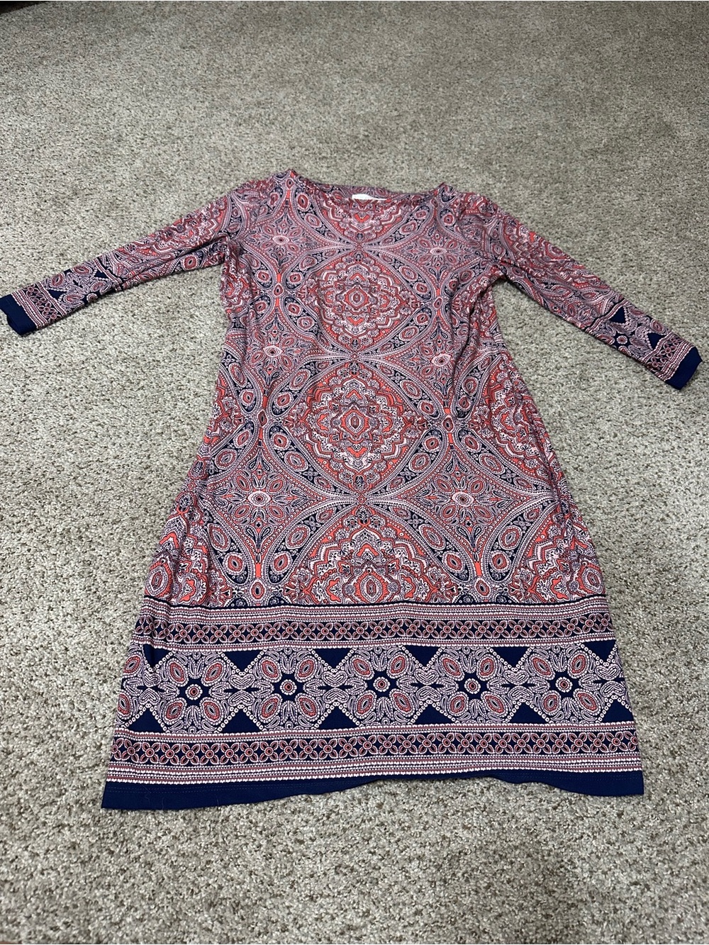 London Times Pink Paisley Long-Sleeve A-Line Dress with Navy Trim
